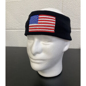 Head Band Ear Warmer Fleece Material Black with Embroidered American Flag